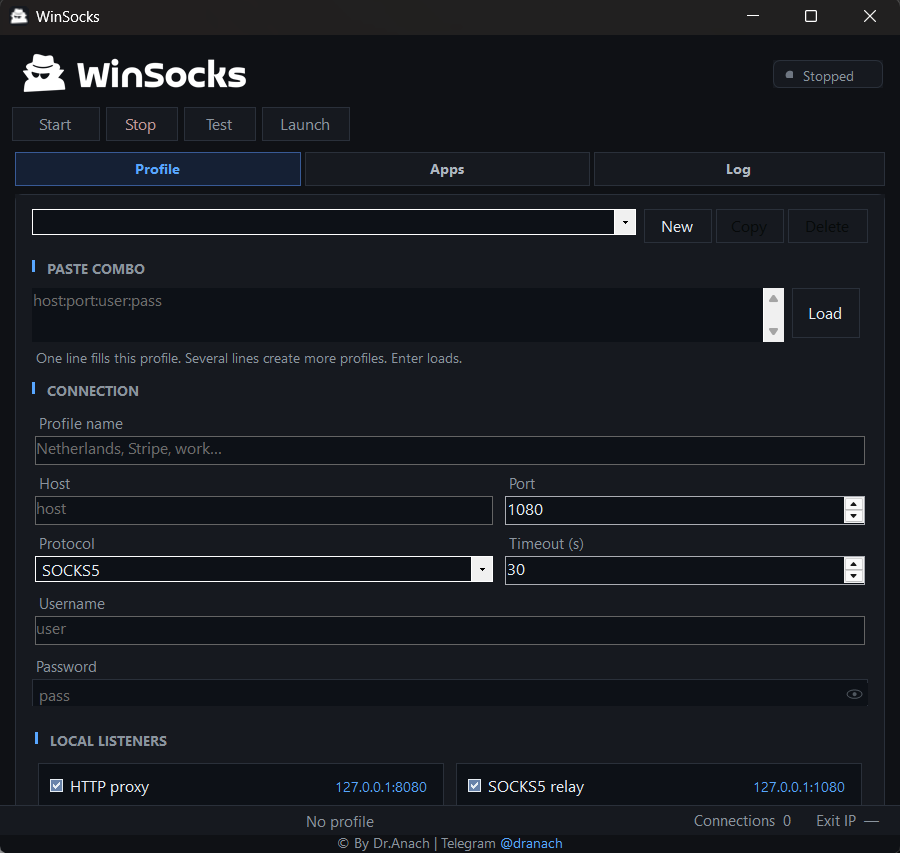 WinSocks Profile tab with paste combo, SOCKS5 connection, and local HTTP 8080 and SOCKS5 1080 listeners